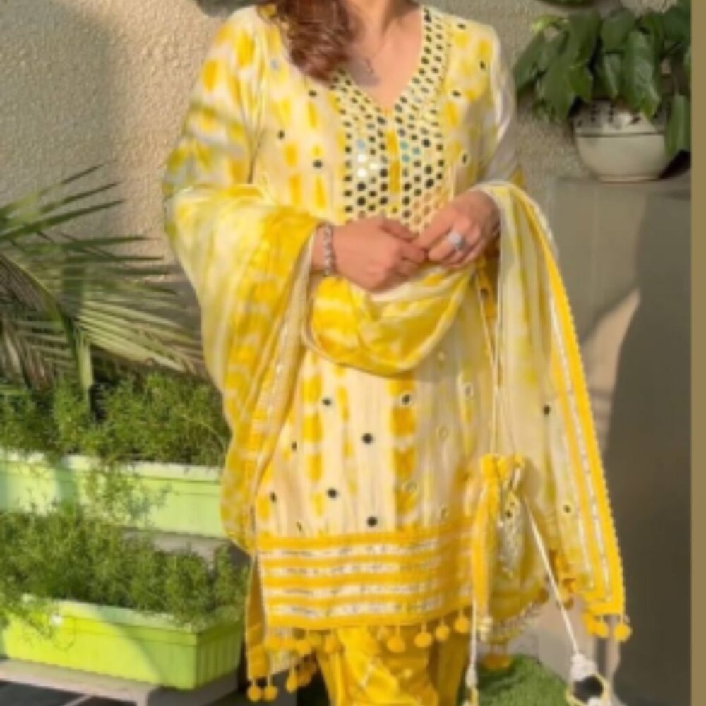 Yellow crepe material Patiala with embroidery & mirror work